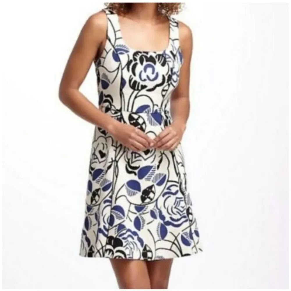 Anthropologie Vanessa Virginia Cream & Blue Print Swing Tank Dress sz 2 EUC